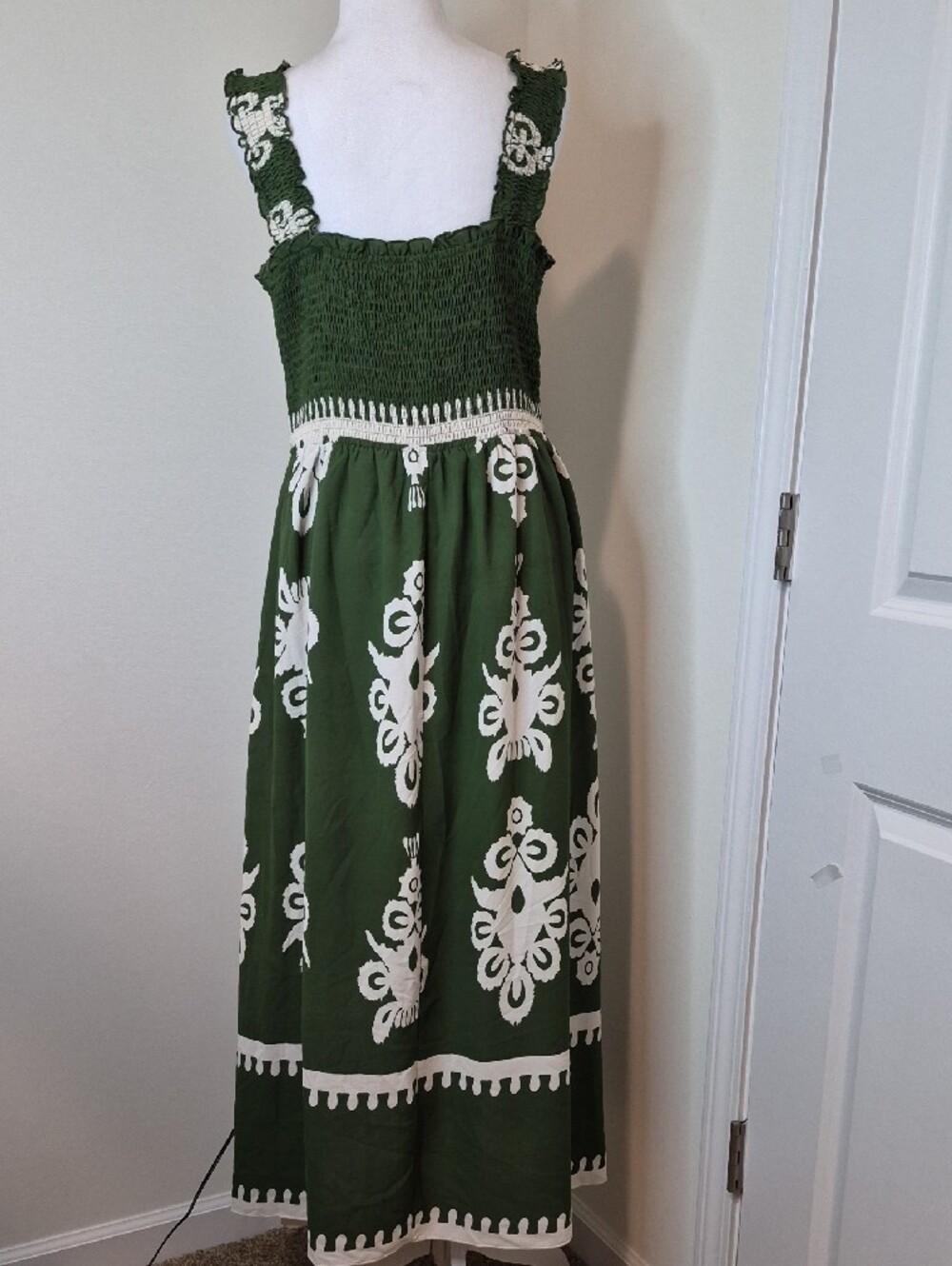 Pretty Garden Green Smocked Maxi Dress with White Print Size XL - Picture 3 of 10